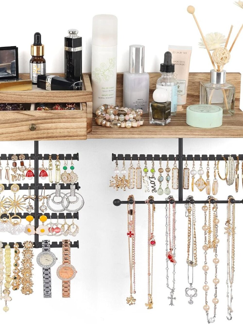 Jewelry Organizer Hanging Wall Mounted Jewelry Holder with Rustic Wood Drawer &